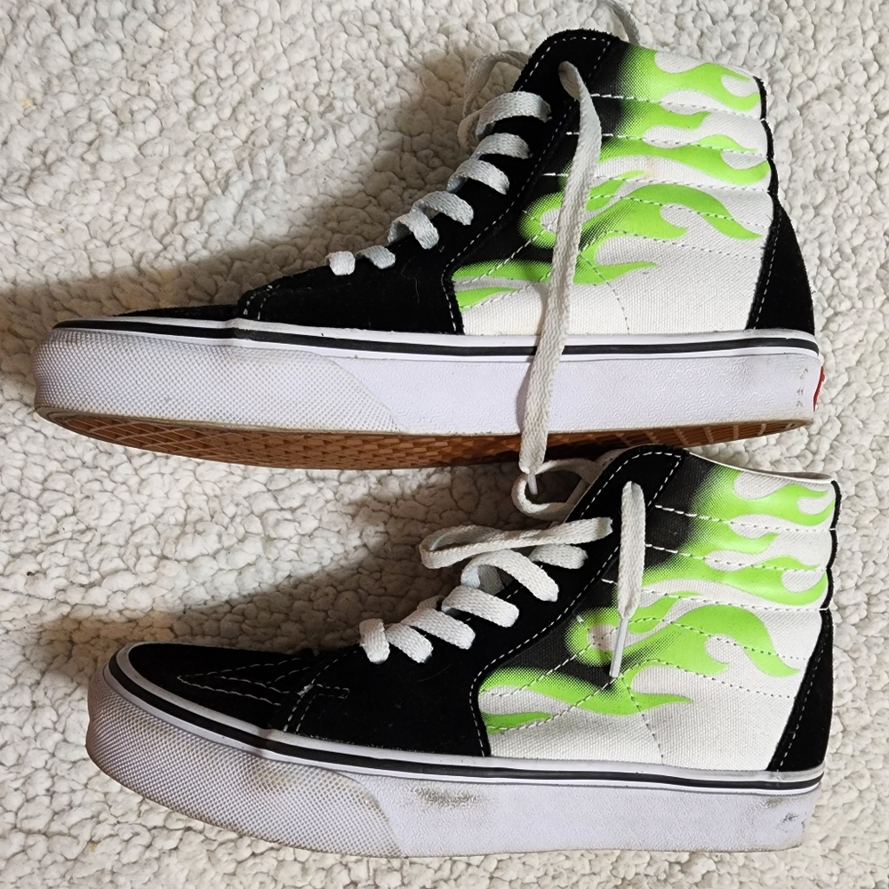 Vans Sk8-Hi Flame Black True White with Green Flame Womens 6 Men's 4.5